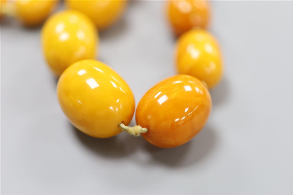 A single strand graduated amber bead necklace, 73cm, gross 101 grams.